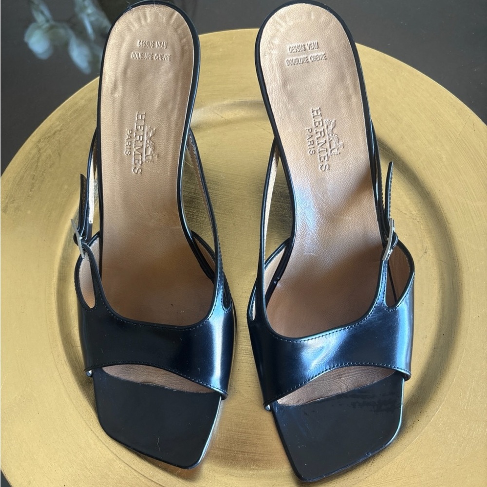 Hermes black mule palladium buckle hardware sandals